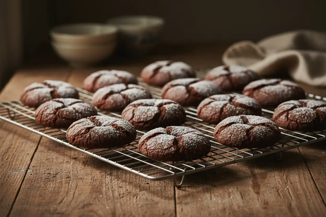 Classic rich chocolate cocoa powder cookies arranged neatly on a cooling rack