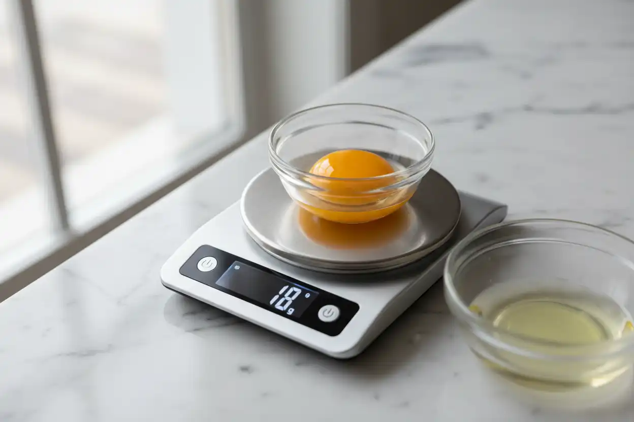 Close-up comparison of a single egg cracked into separate yolk and white on a digital scale