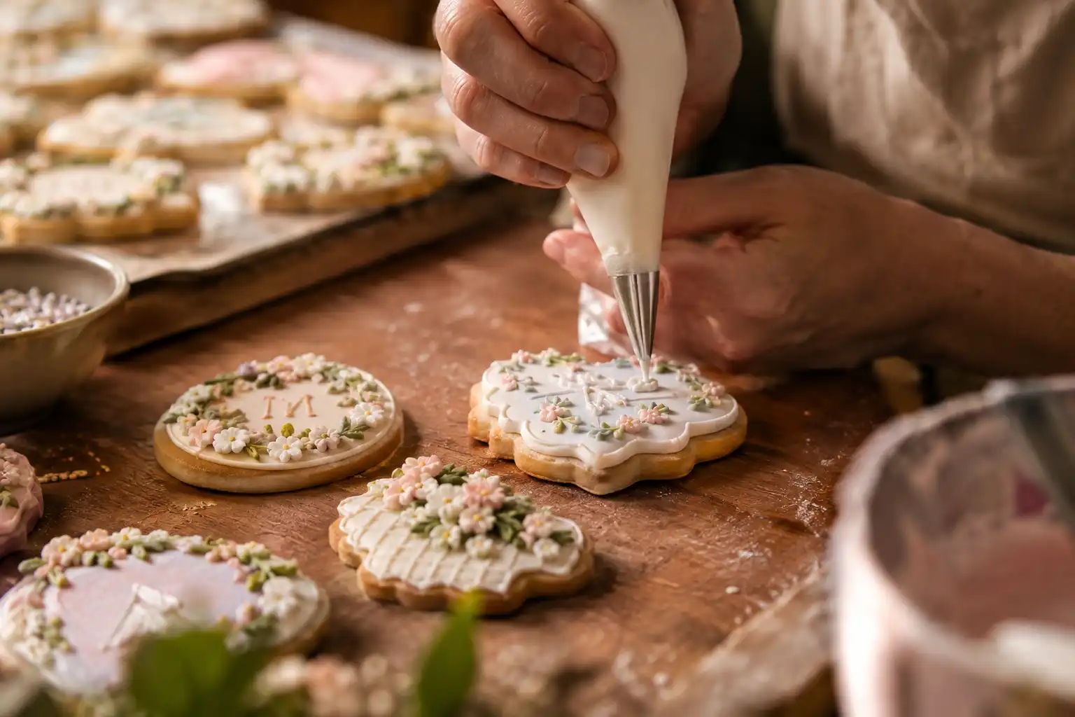 Close-up of a baker piping royal icing onto decorated sugar cookies