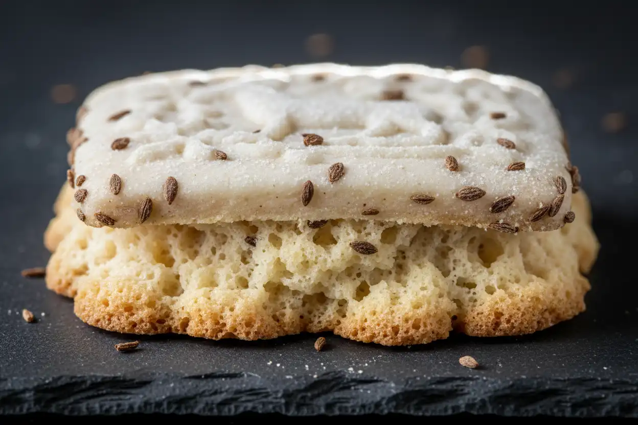 Close-up photo displaying the distinct airy foot pedestal beneath an unbrowned white embossed cookie