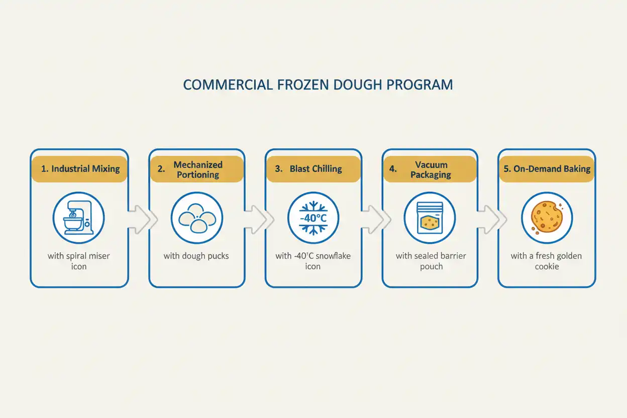 Cold chain workflow Mixing - Portioning - Blast Chilling - Vacuum Bagging - On-Demand Baking
