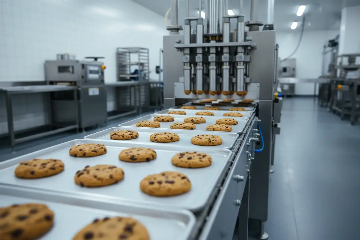 Commercial production floor showing automated cookie depositor filling sheet pans