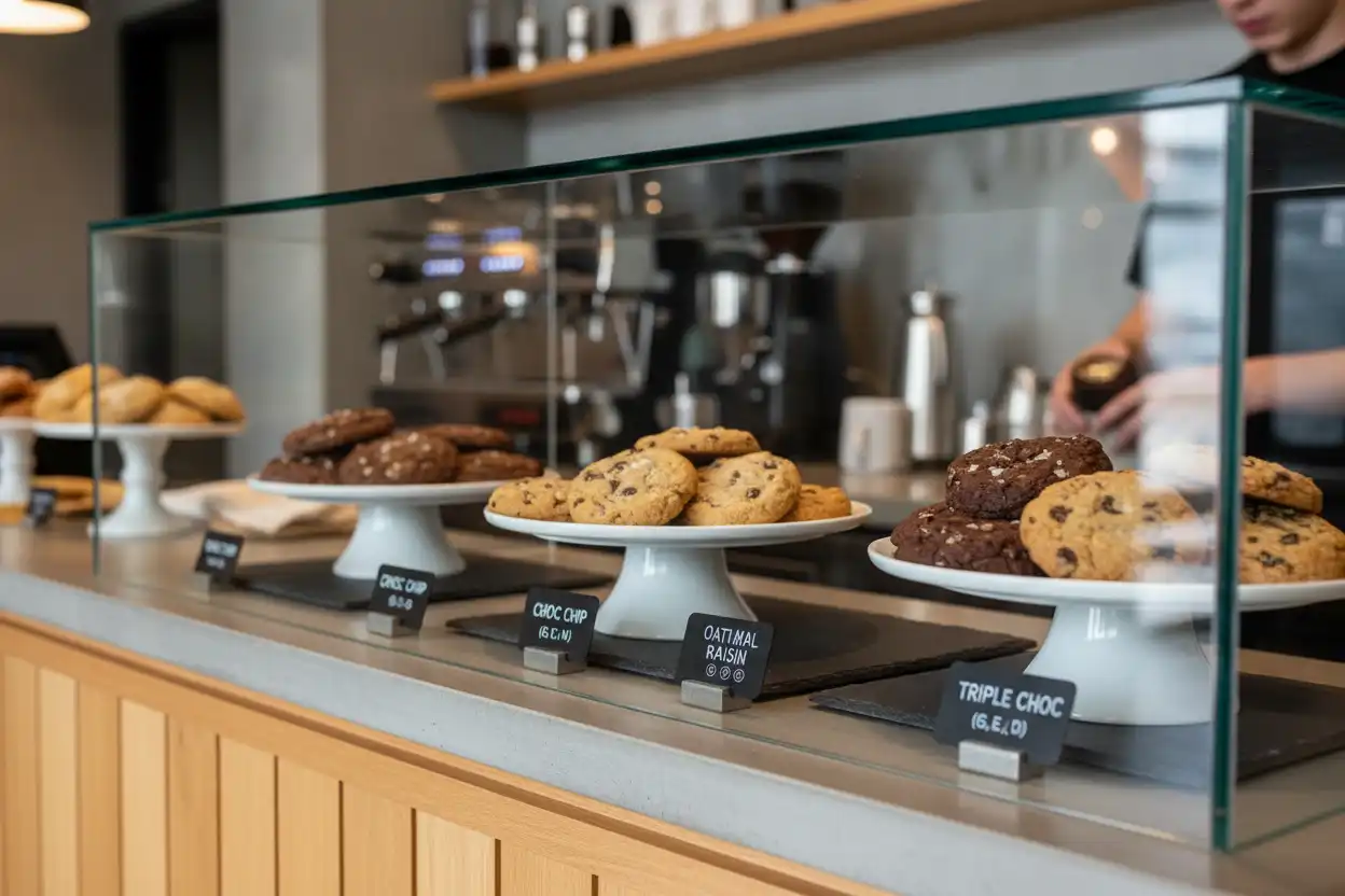Contemporary glass retail bakery display highlighting stacked cookies with price and allergen tags