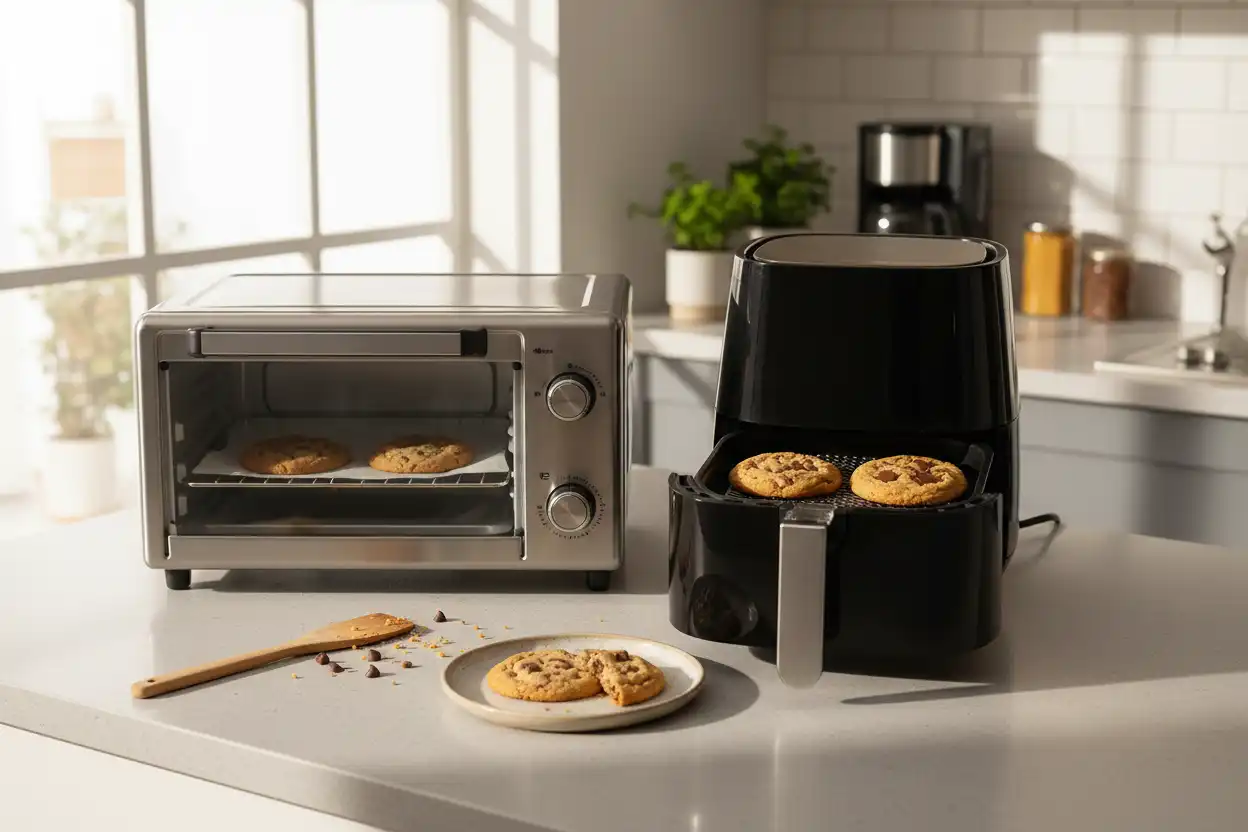 Countertop toaster oven side-by-side with an air fryer basket, both containing fresh chocolate chip cookies on parchment paper.