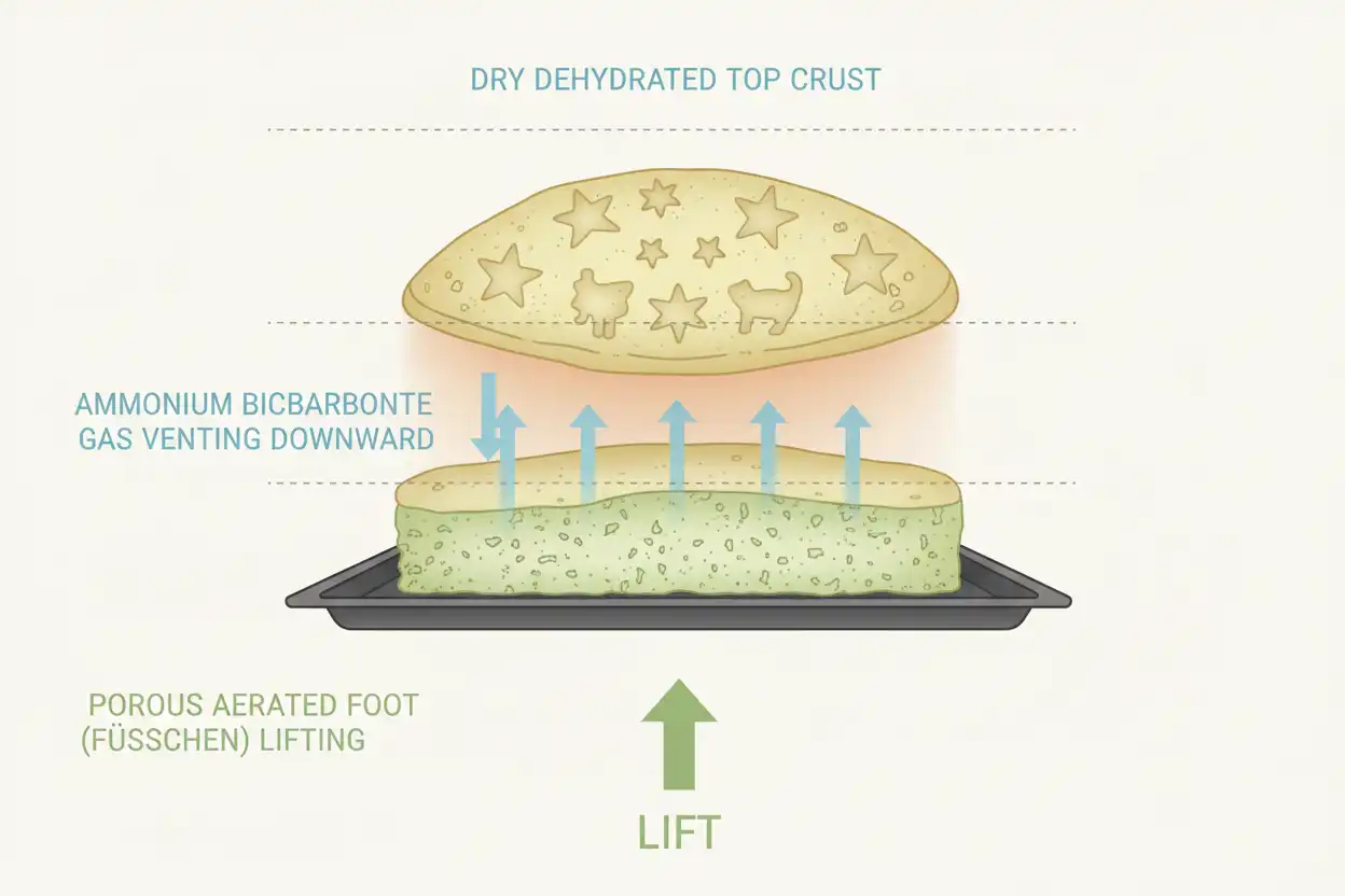 Cross-section diagram showing how surface drying forces gas downward to create the Springerle foot