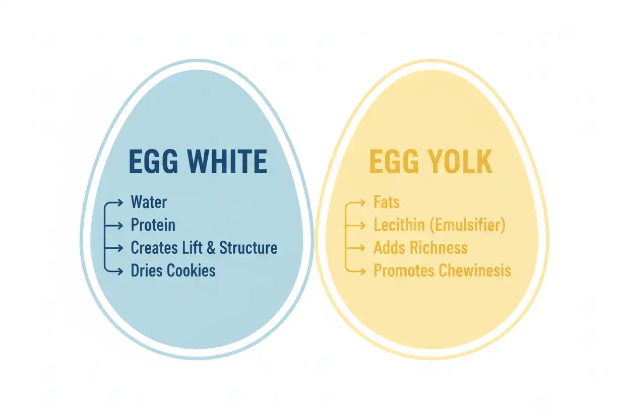 Diagram breaking down egg components (white vs yolk) and their chemical impact on cookie moisture and chewiness