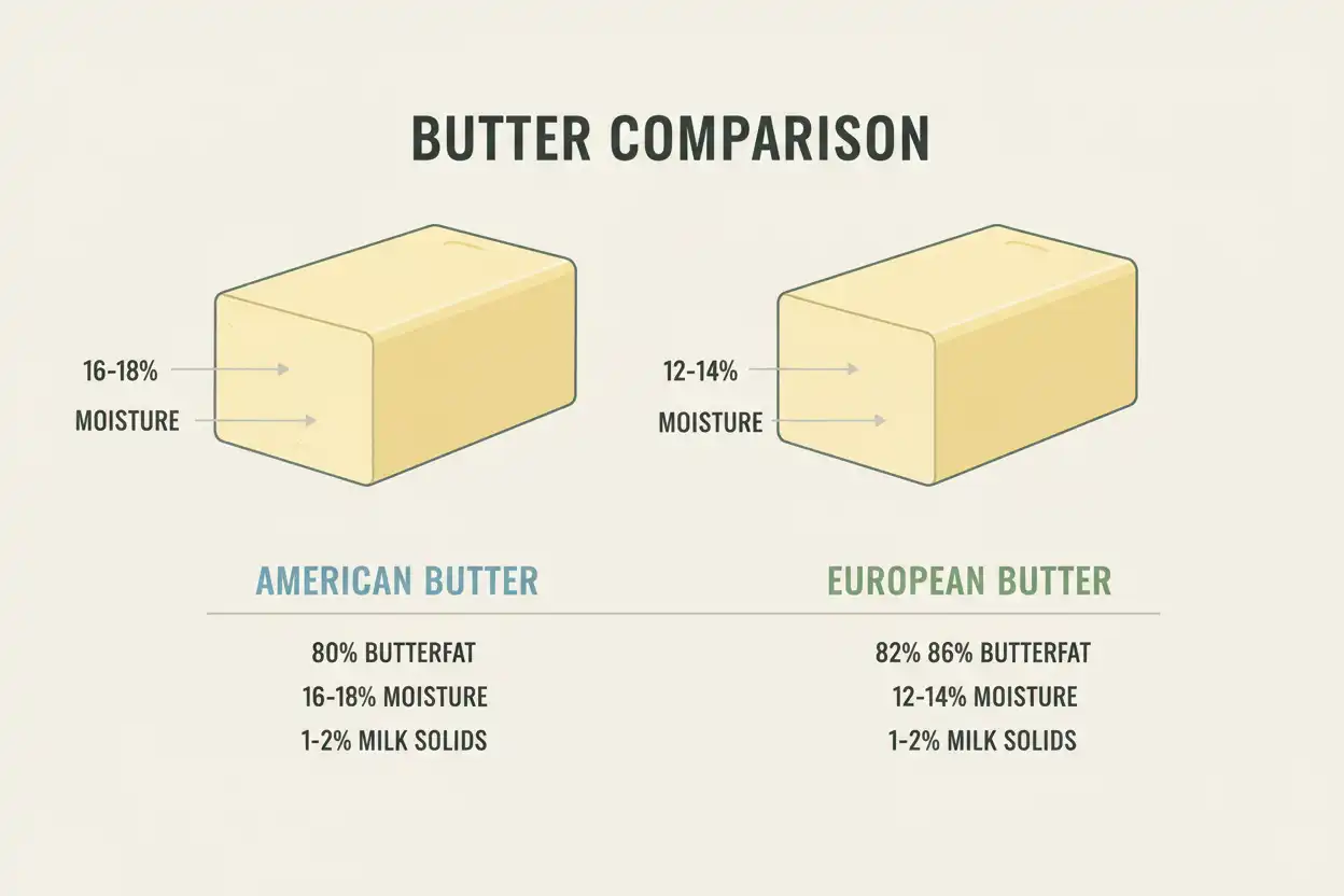 Diagram showing composition of standard butter (80% fat, 16-18% water, 1-2% milk solids) vs European butter