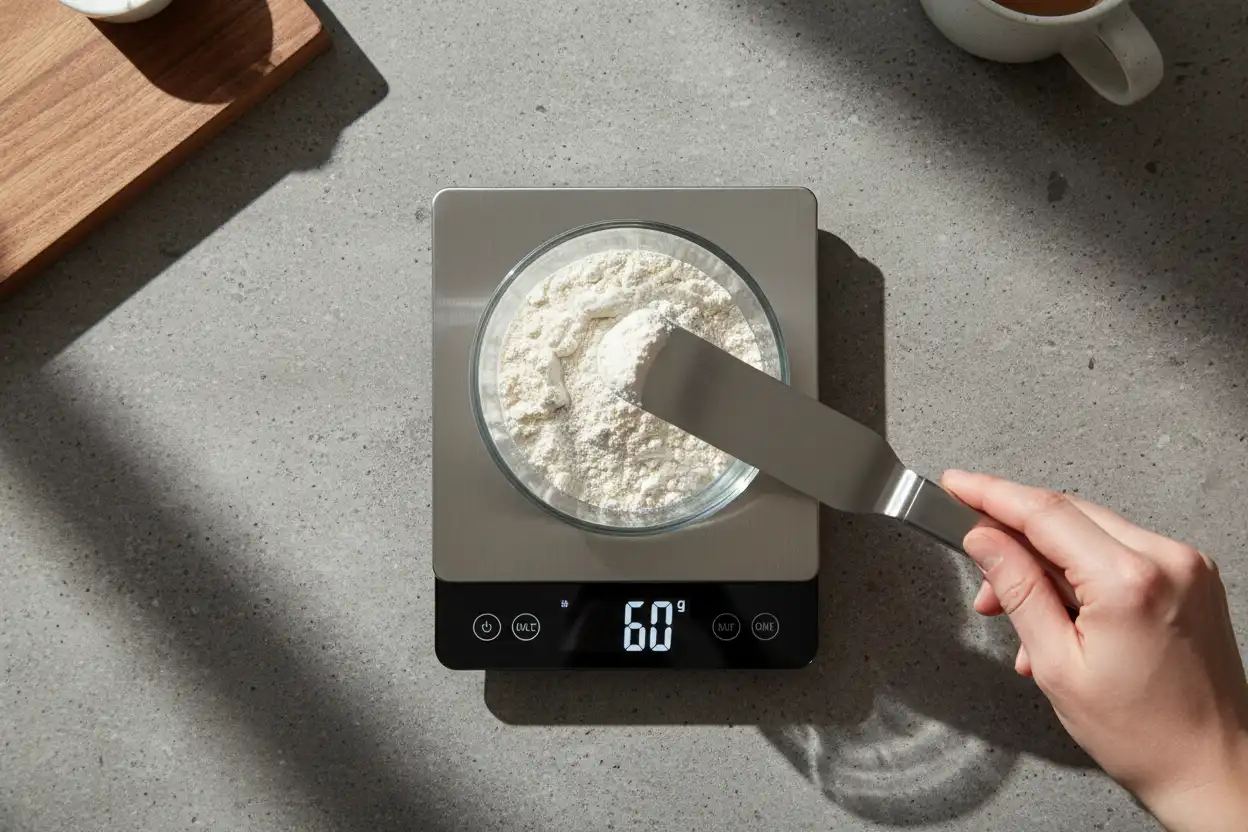 Digital kitchen scale displaying 60 grams of all-purpose flour in a small glass bowl