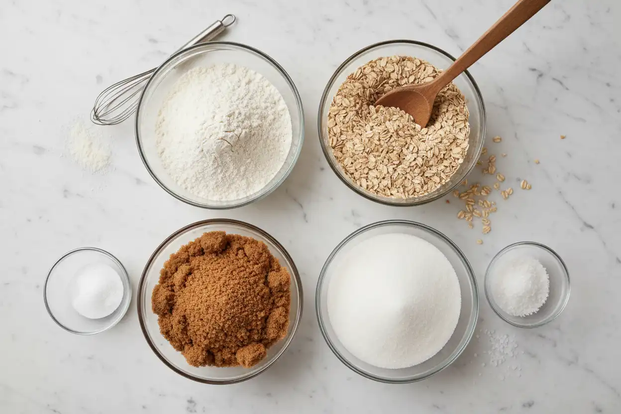 Display of measured dry ingredients including rolled oats, all-purpose flour, brown sugar, baking soda, and salt on a clean work surface