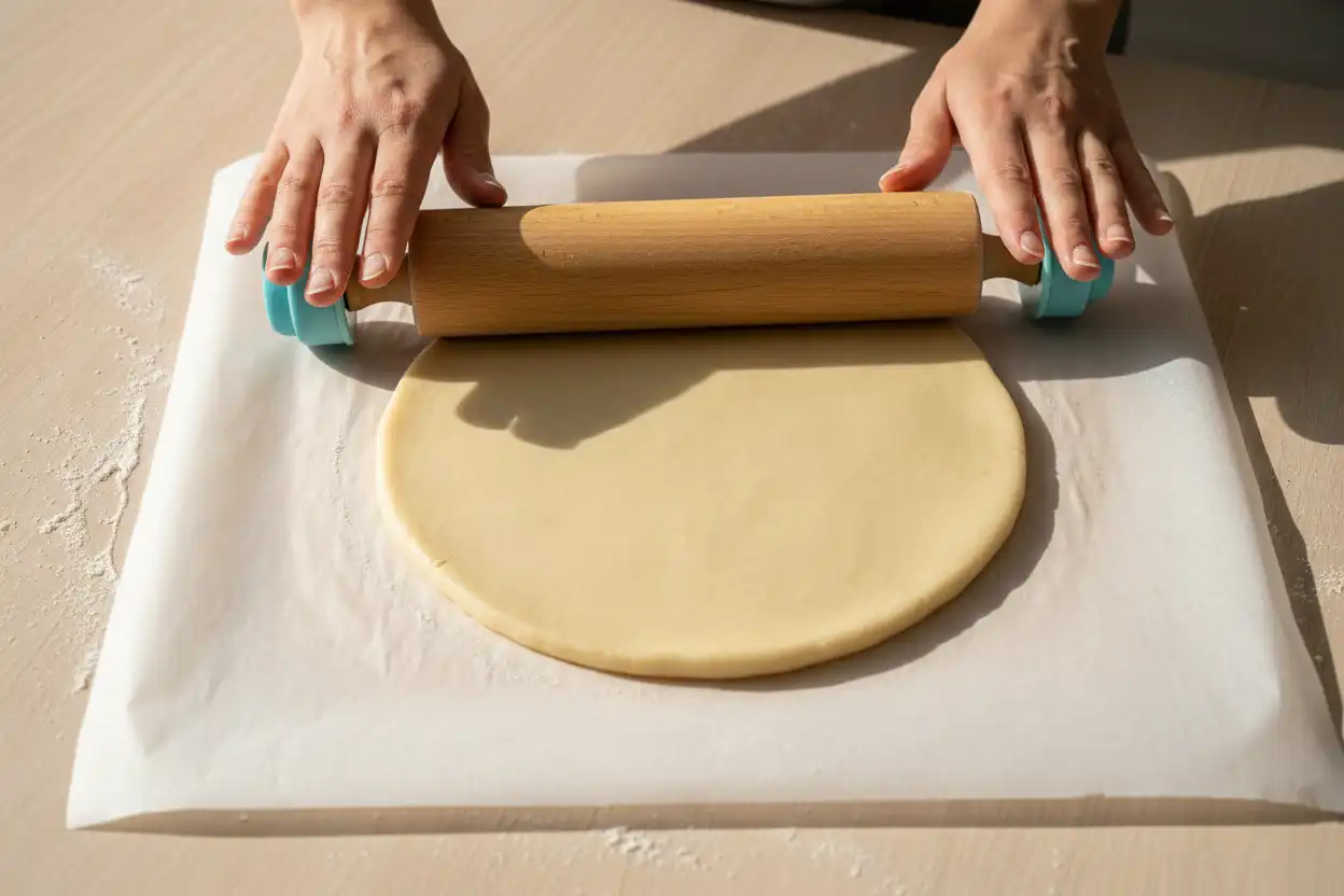 Dough rolled flat between two parchment paper sheets using an adjustable guide-ring rolling pin