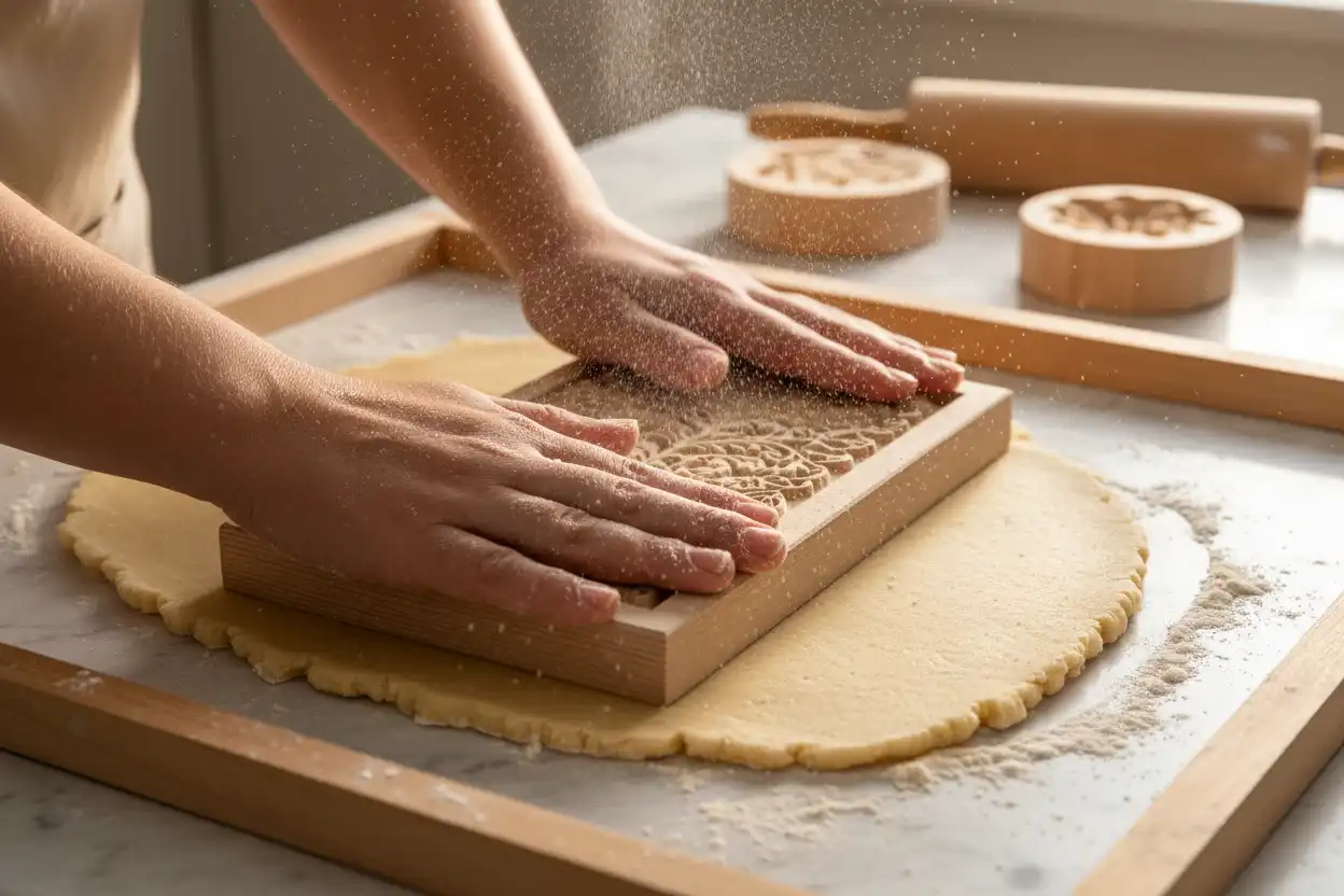 Dusting a detailed pearwood mold with cornstarch and pressing firmly onto rolled dough