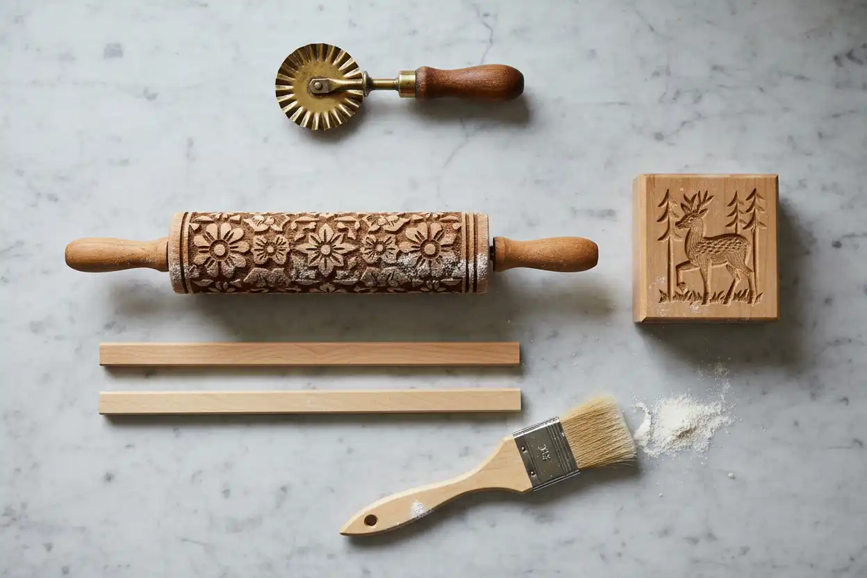 Flat carved wooden Springerle press alongside an embossed rolling pin and dough spacer rails