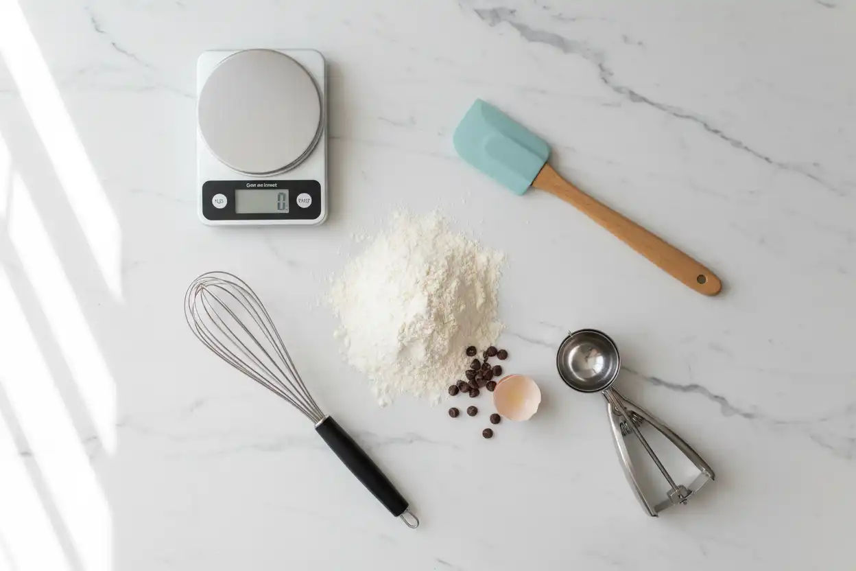 Flat lay of essential baking tools including a digital scale, whisk, rubber spatula, and cookie scoop