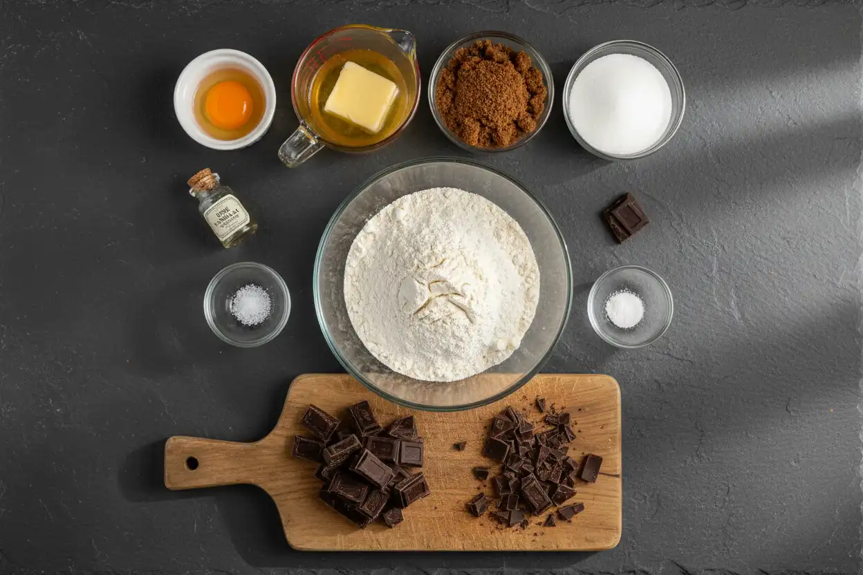 Flat lay of measured ingredients in small glass prep bowls with a digital scale in view