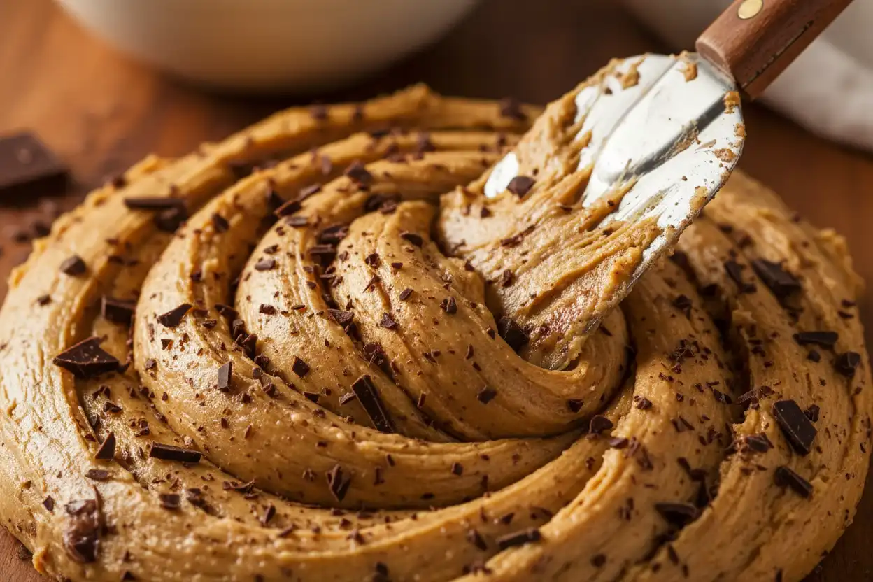 Folding chocolate chunks and chocolate shards into the raw cookie dough