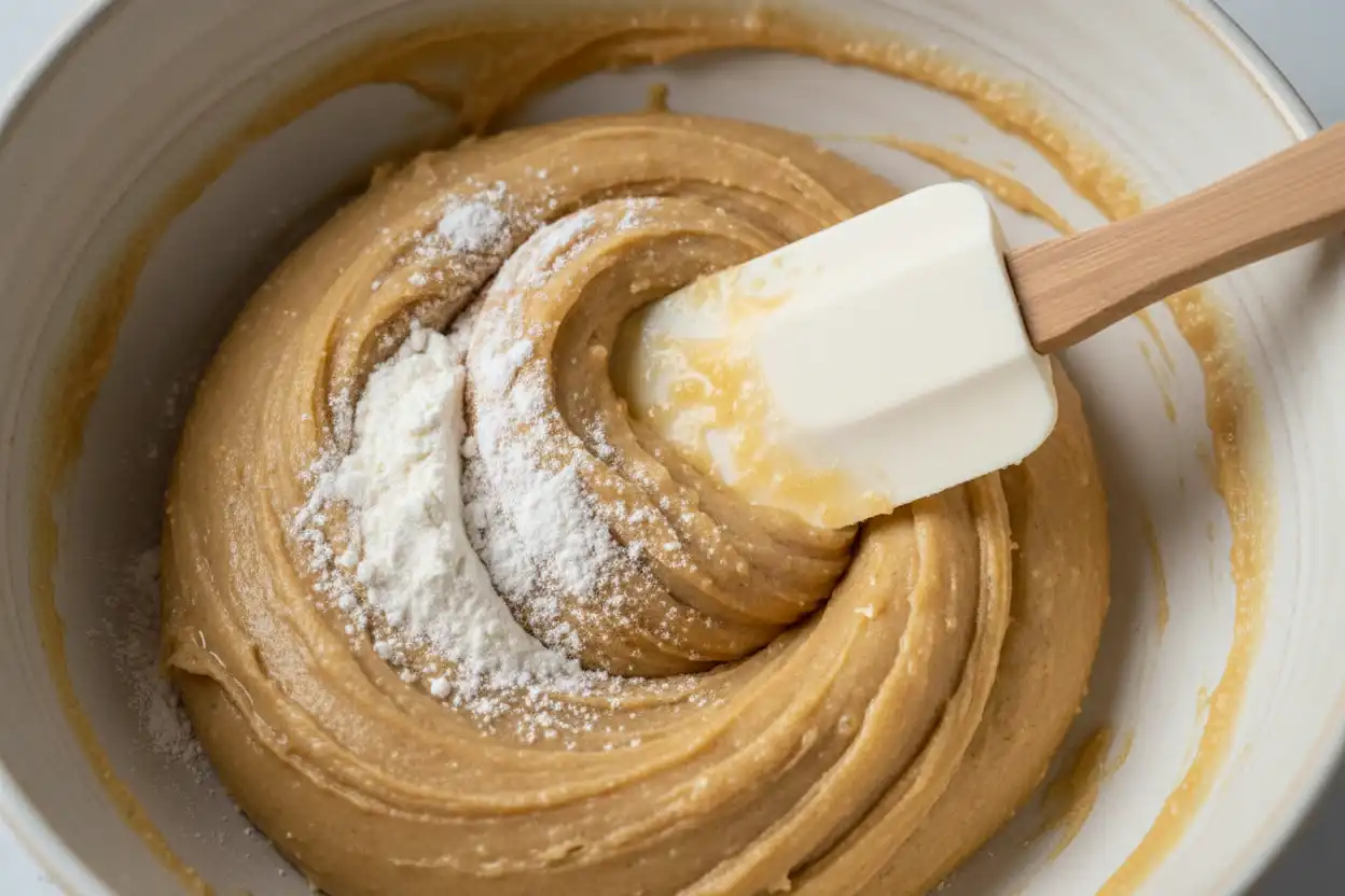 Folding flour, baking soda, and salt into the wet mixture using a silicone spatula