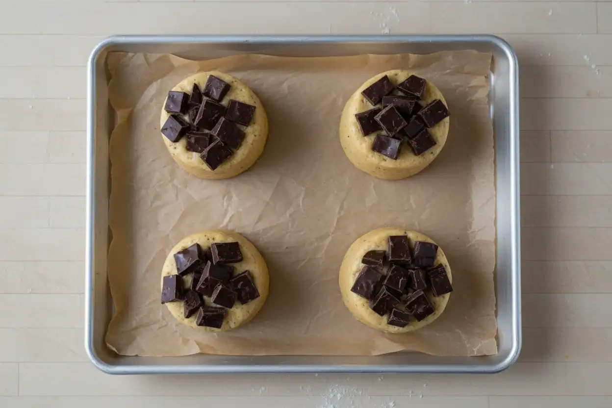 Four tall cylinders of cookie dough topped with chocolate chunks on a quarter-sheet pan lined with brown parchment