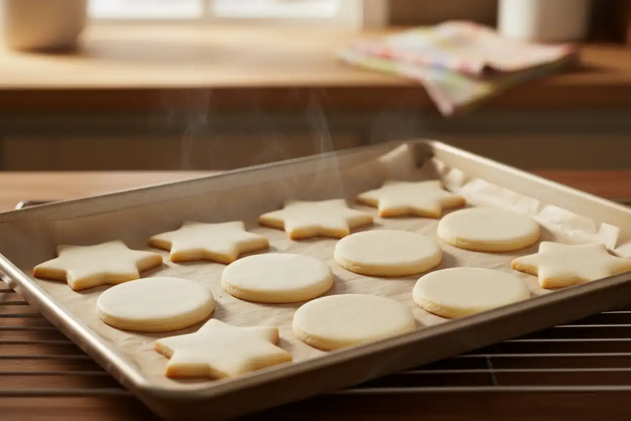 Freshly baked cookies on baking tray showing pale tops and perfectly sharp cutter boundaries