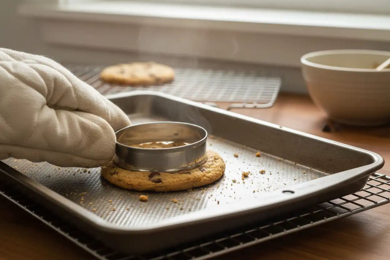 Freshly baked cookies on the pan being shaped into perfect circles using a round cookie cutter