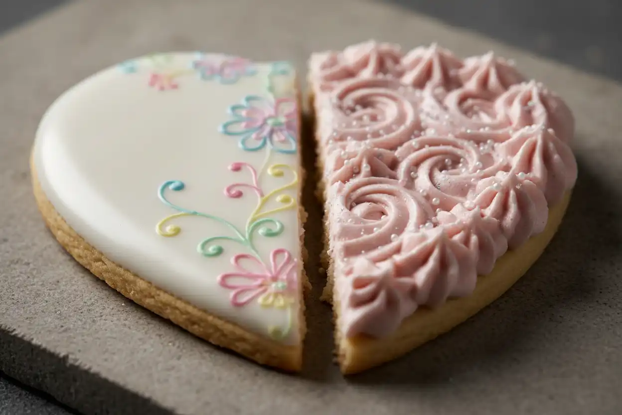 Half-decorated cookie showing a side-by-side comparison of glossy royal icing versus whipped piped buttercream