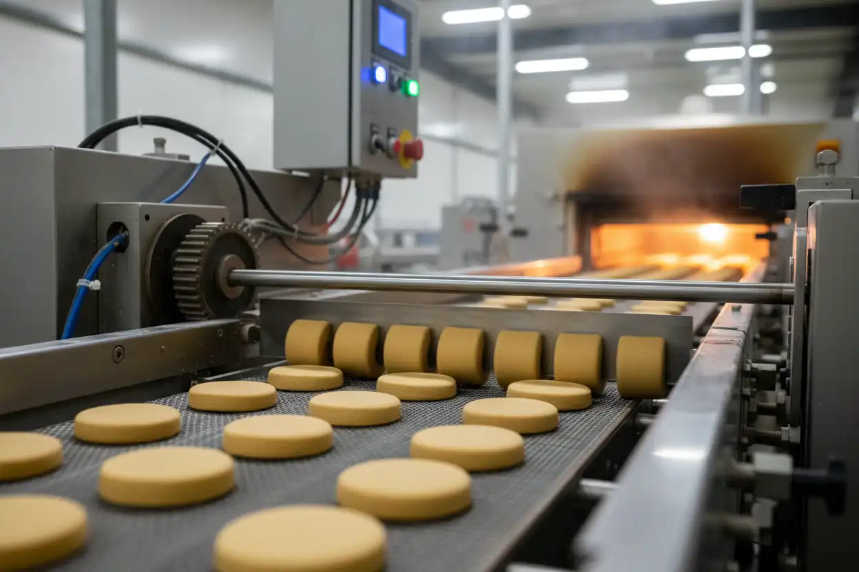Industrial wire-cut cookie depositor dropping dough pucks on a continuous tunnel oven belt