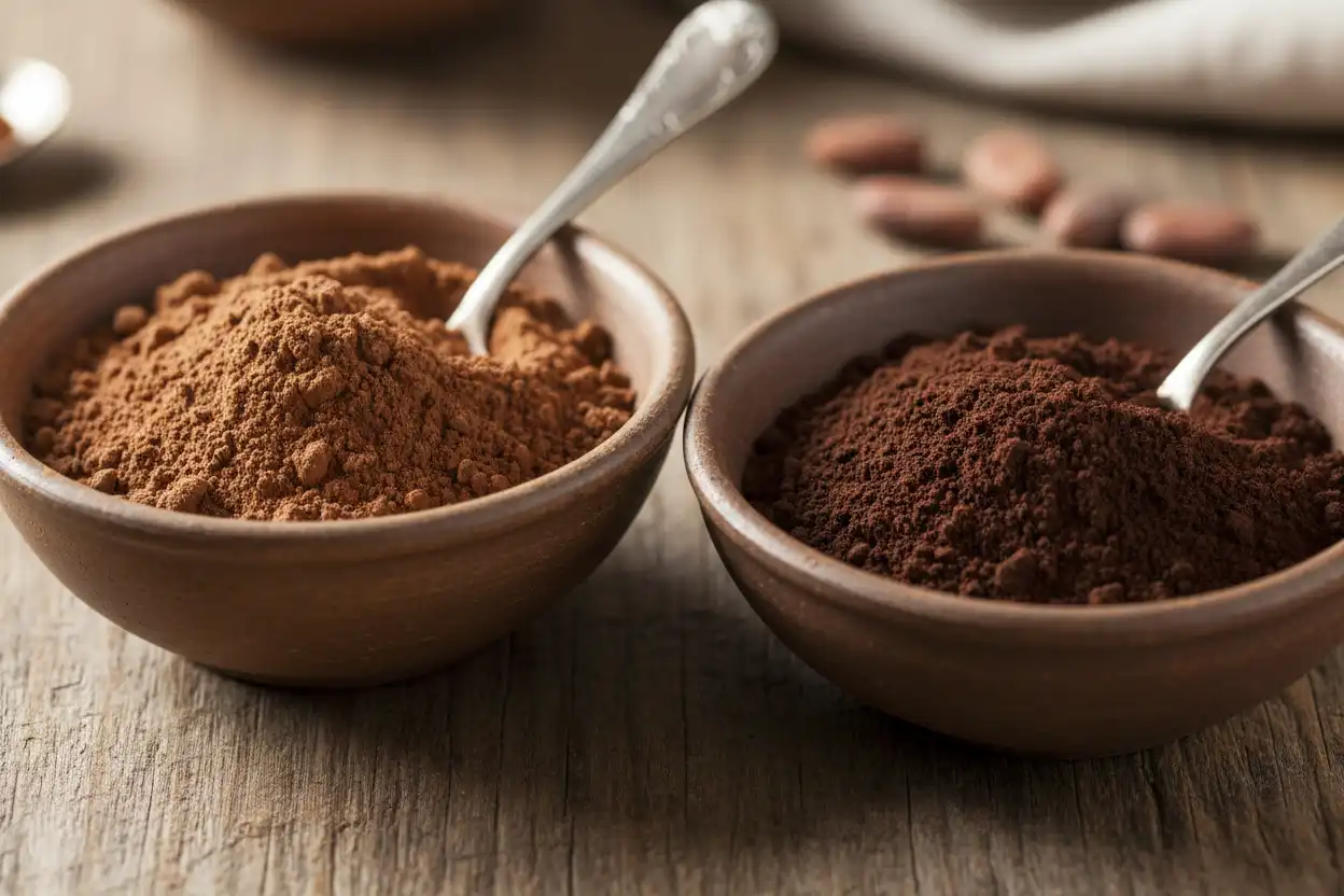 Macro comparison shot of natural light brown cocoa powder next to dark Dutch-processed cocoa powder