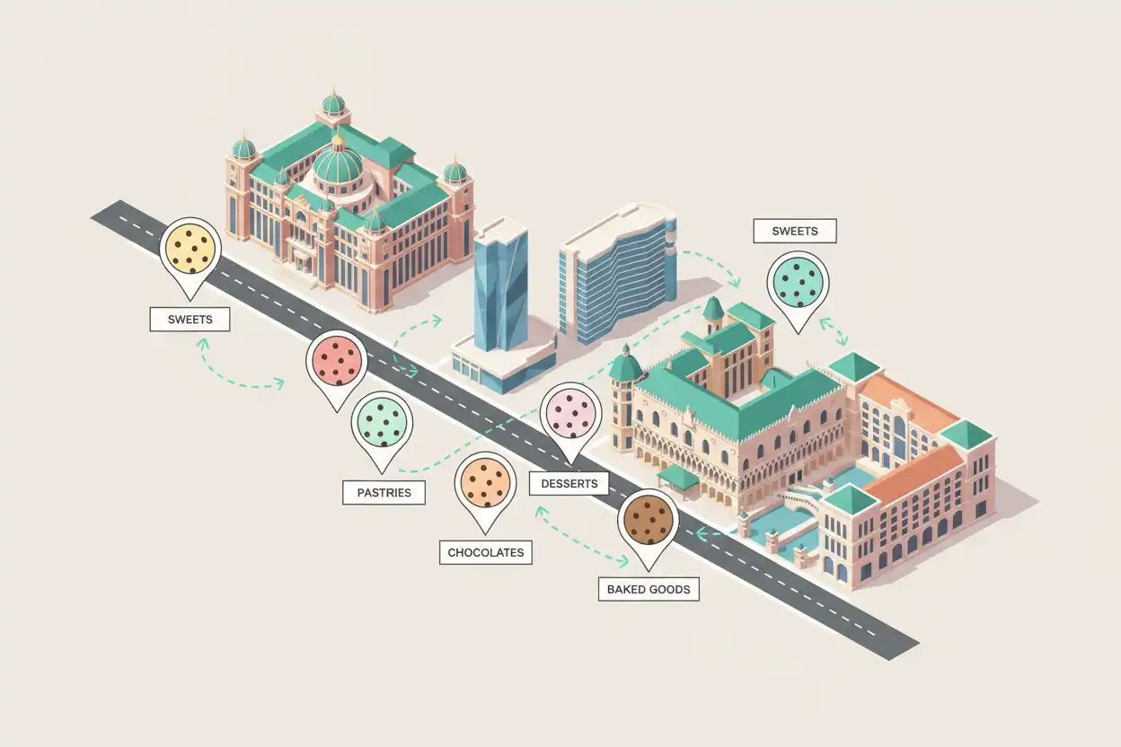 Map diagram highlighting cookie locations along the Las Vegas Strip corridor