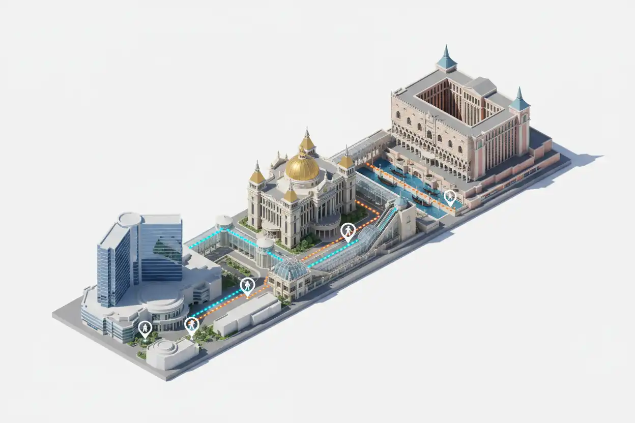 Map overview showing connected footpaths between The Cosmopolitan, Caesars Palace, and The Venetian
