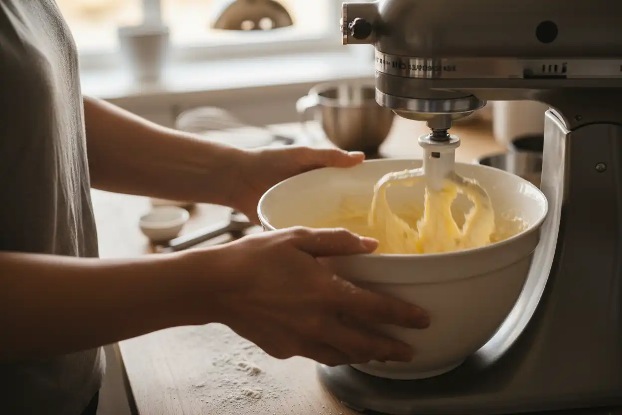 Mixing butter and sugar in a stand mixer