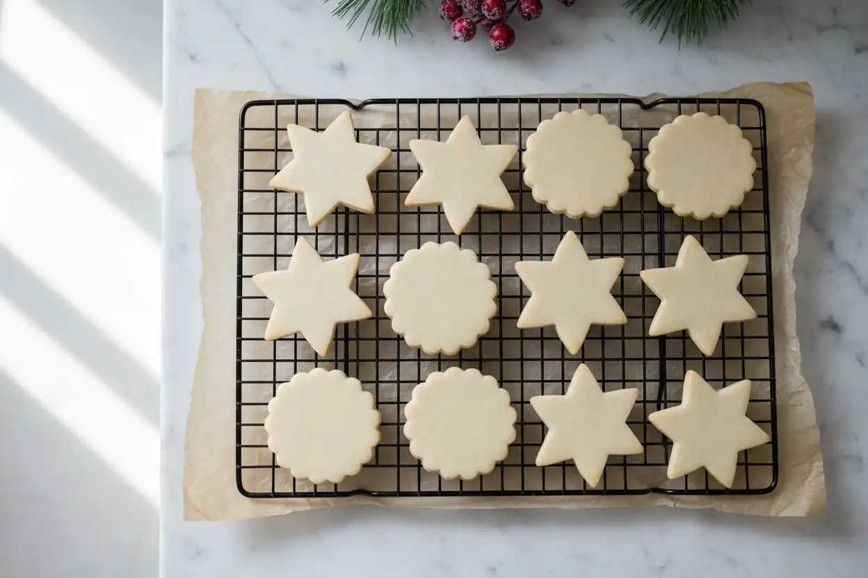 Overhead flat-lay of baked cut out sugar cookies in festive shapes on a parchment-lined cooling rack