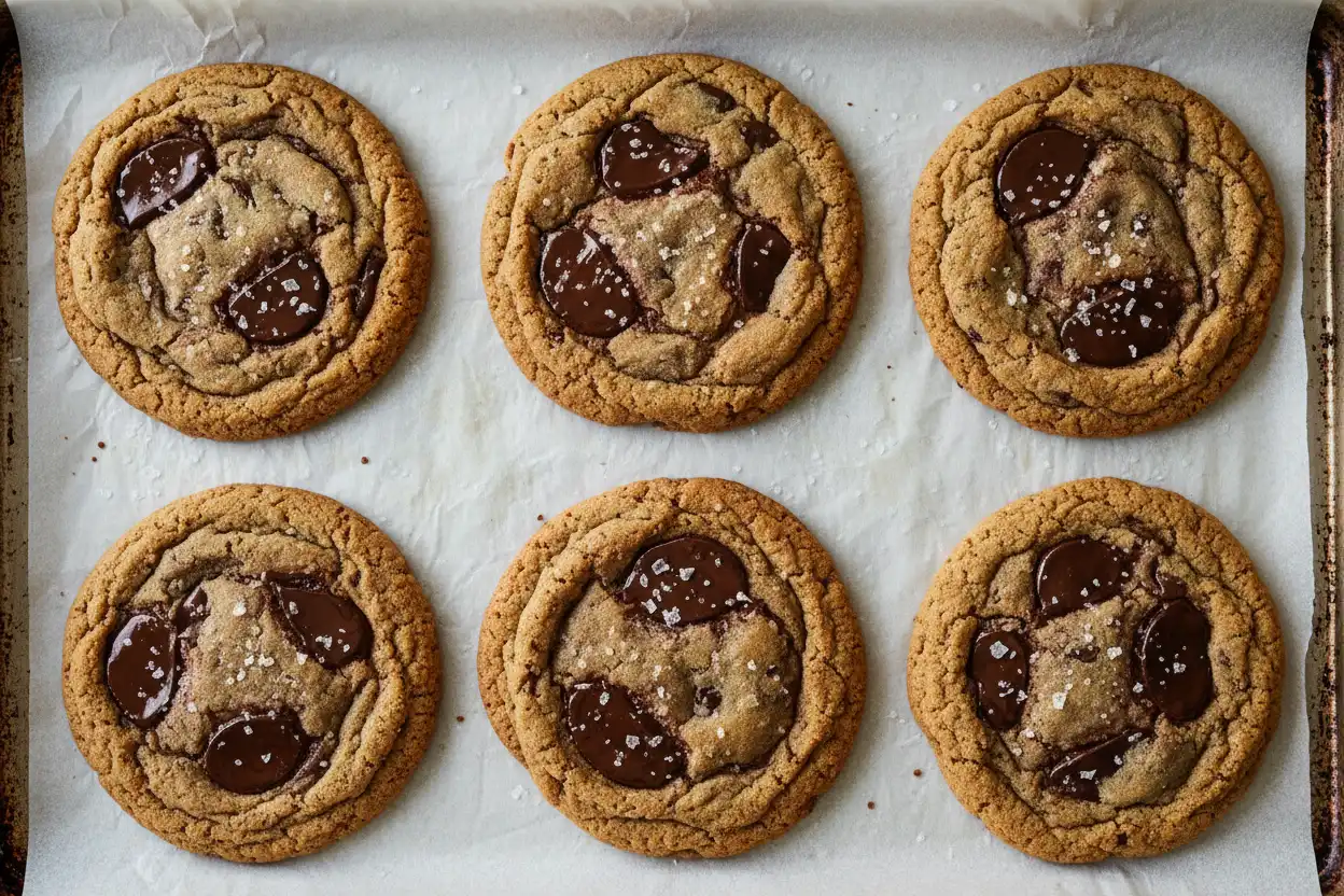 Overhead hero shot of six freshly baked chocolate chip cookies with puddles of melted dark chocolate and flaky sea salt on parchment paper