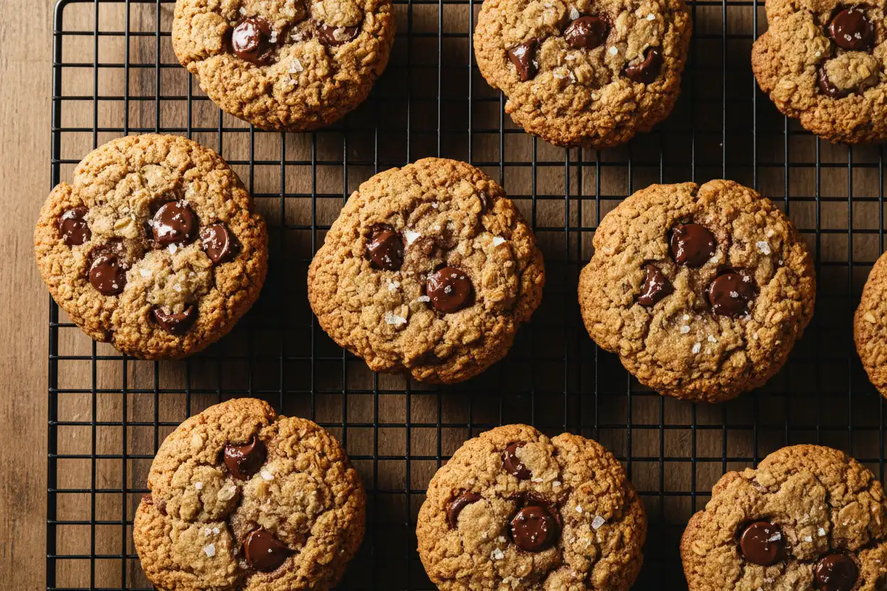 Overhead shot of freshly baked chocolate chip cookies with visible rolled oats and melting chocolate chunks on a wire rack