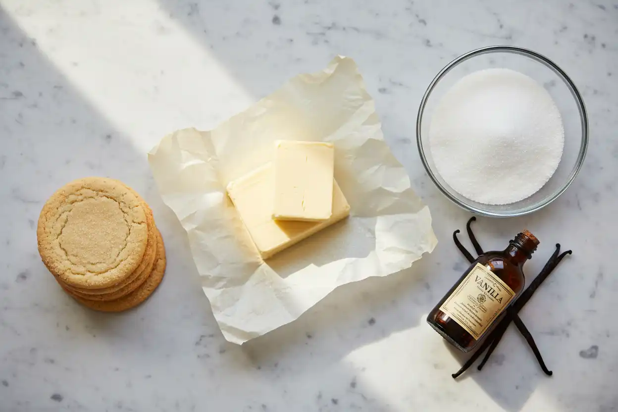 Overhead shot of premium unsalted butter blocks, fine granulated sugar, pure vanilla extract, and crisp sugar cookies