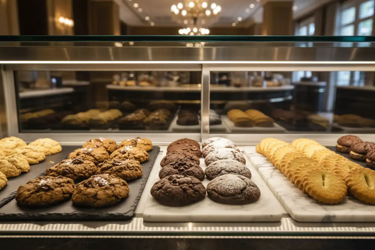 Overview shot of artisan cookies displayed in a modern bakery showcase