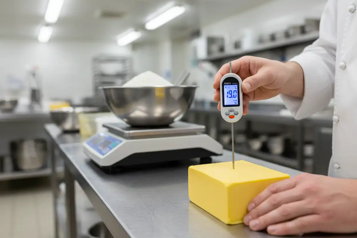 Pastry chef measuring dry ingredients with precision scales and checking butter core temperature