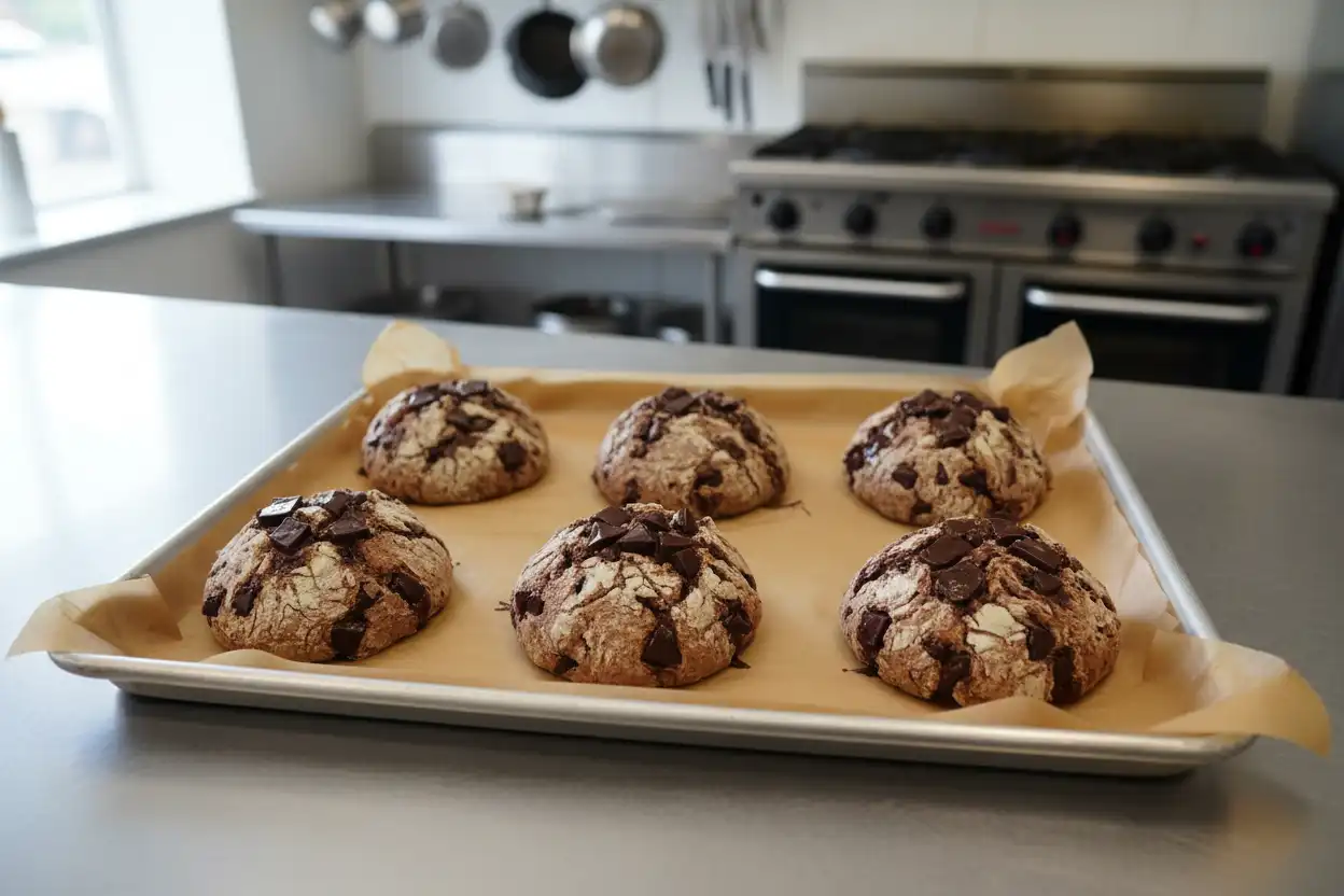 Portioning cookie dough into six uniform balls on a parchment-lined quarter-sheet pan