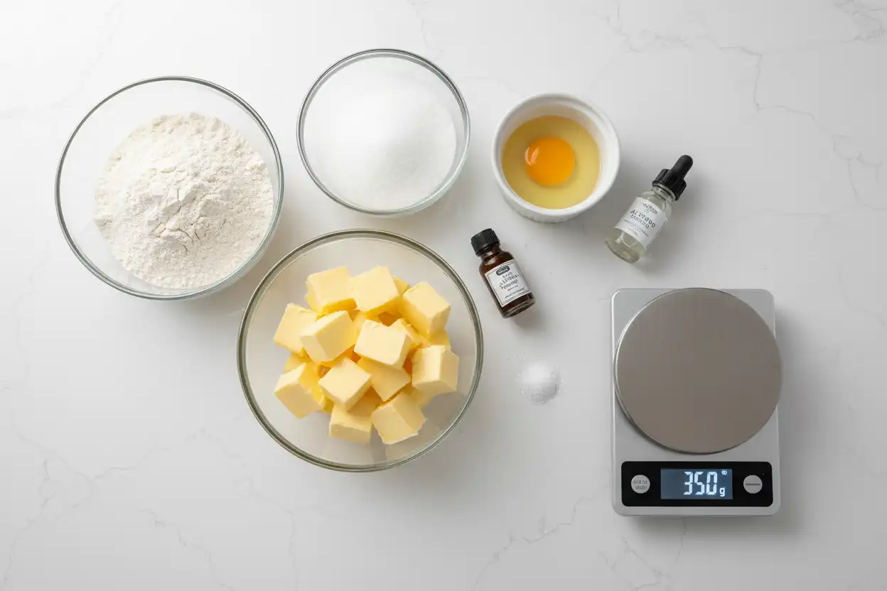 Raw ingredients measured out in glass prep bowls with a digital scale