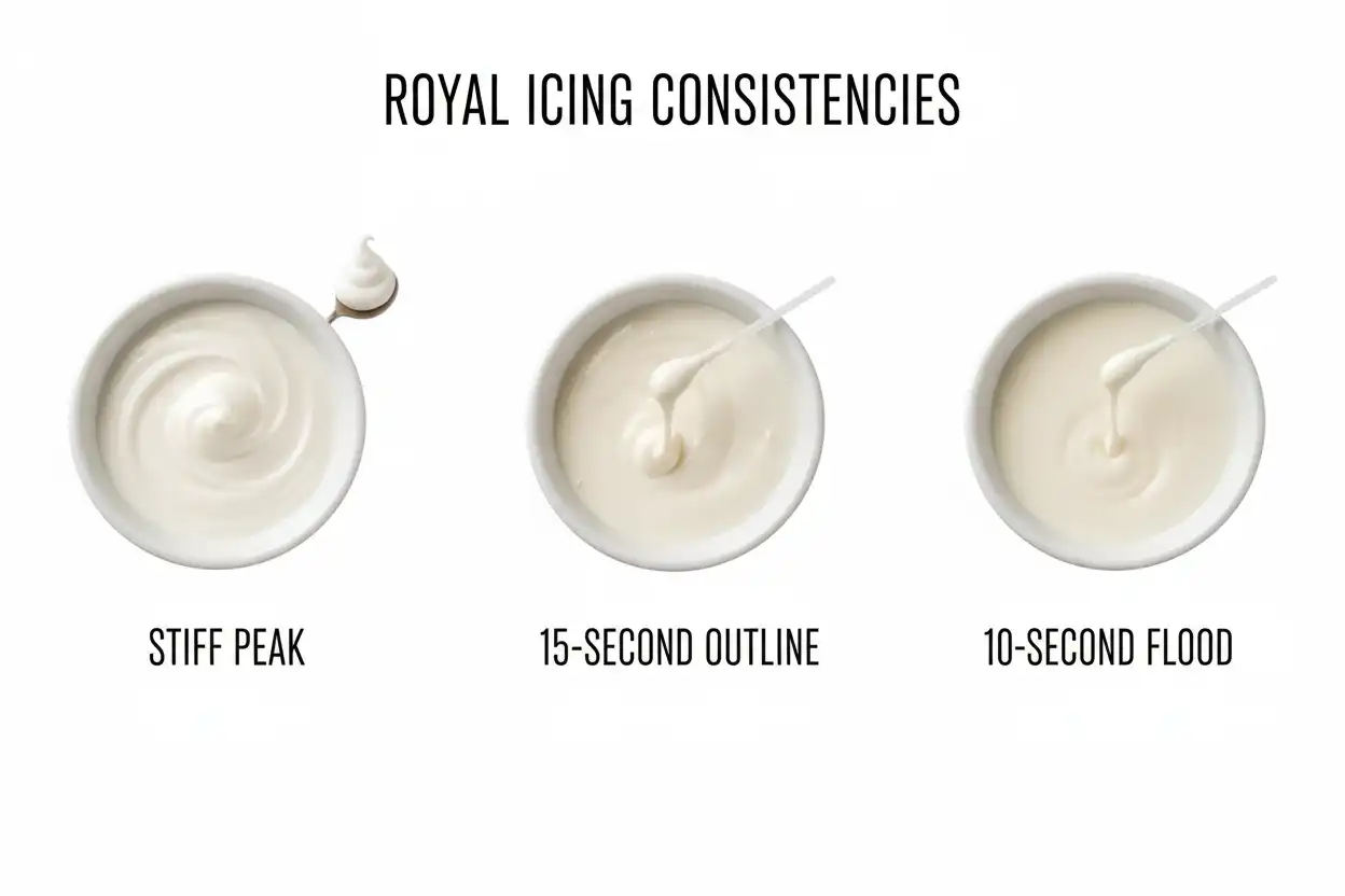 Royal icing consistency chart from stiff peak to 20-second flood