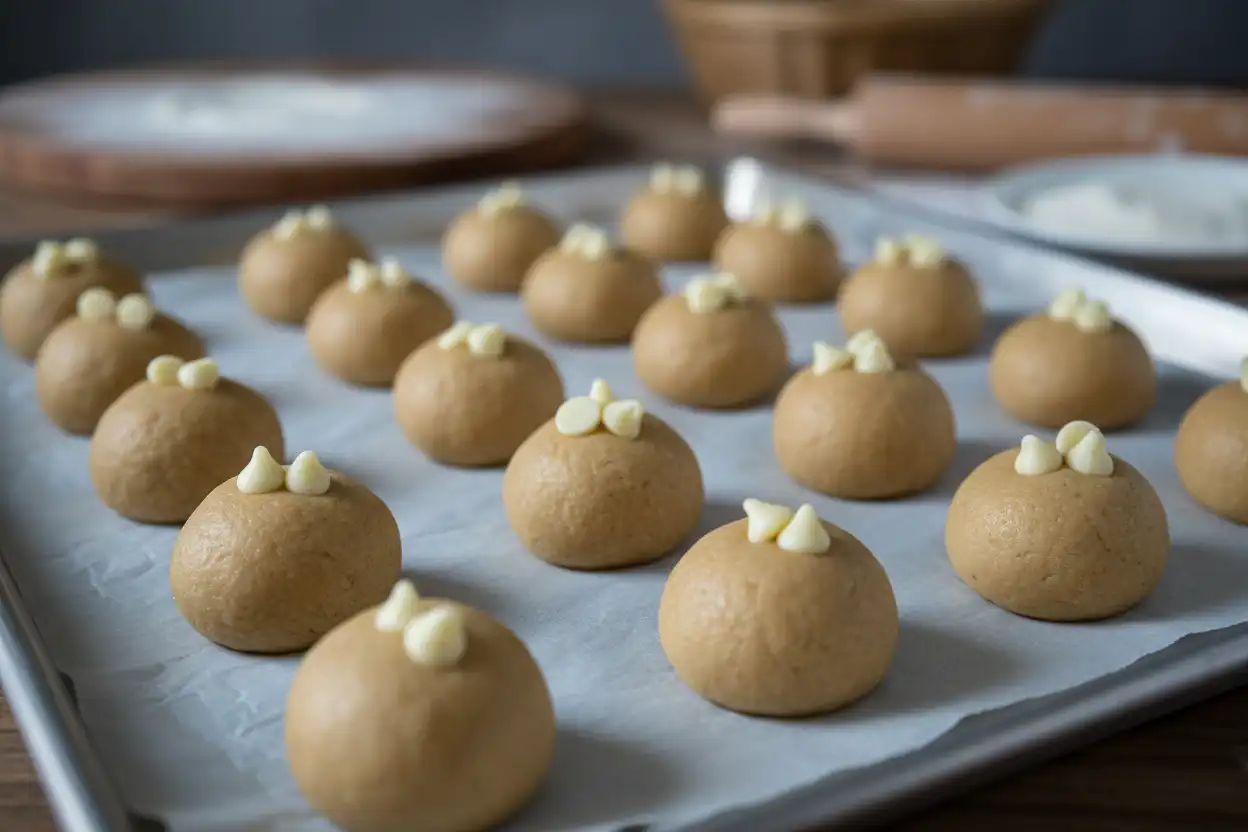 Scooped cookie dough balls resting on parchment-lined baking sheet ready for the fridge
