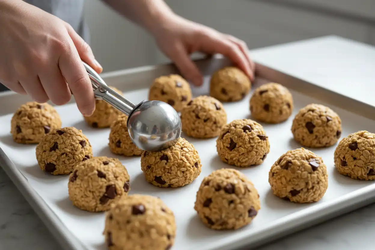 Scooping chilled cookie dough balls onto a parchment-lined metal baking sheet with uniform spacing