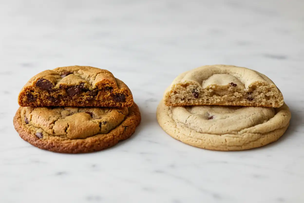 Side-by-side comparison of properly creamed dense cookie crumb versus an over-creamed collapsed cookie