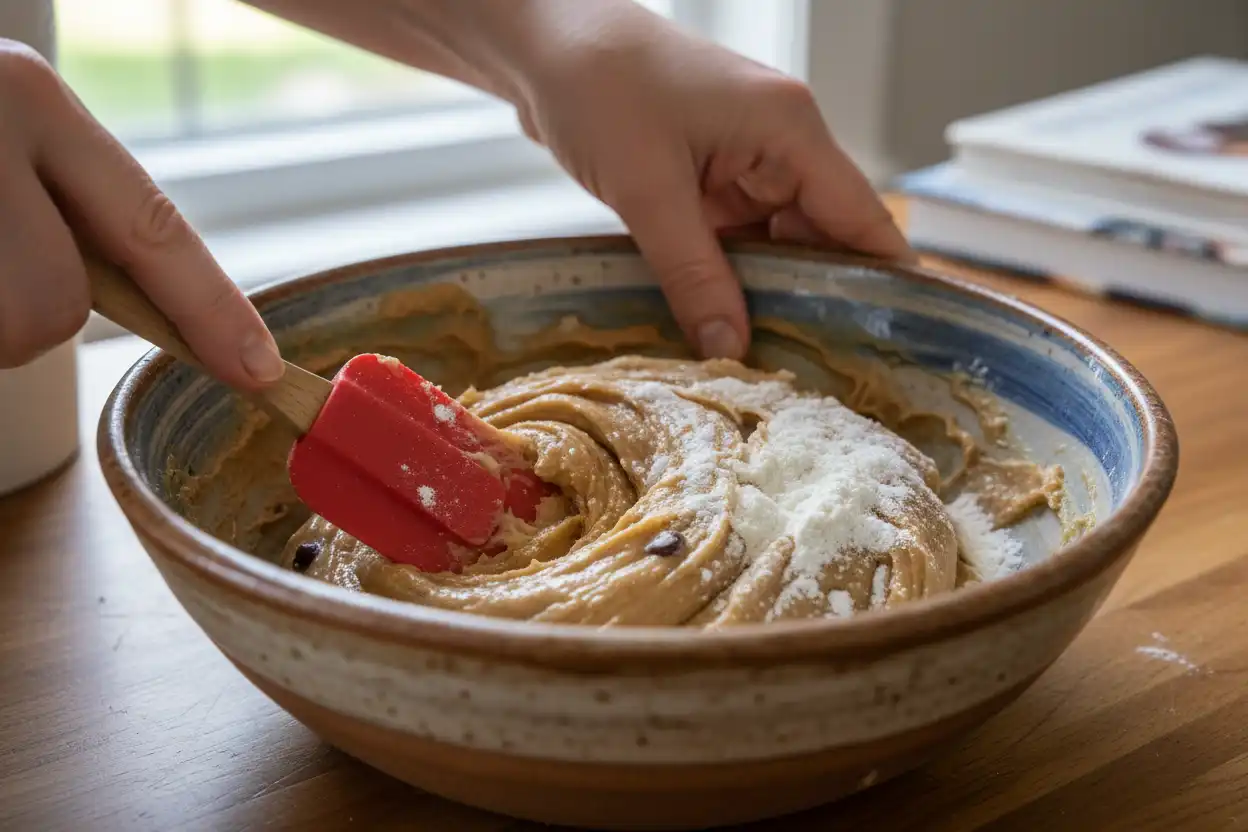 Sifted dry ingredients folded gently into wet mixture with a silicone spatula