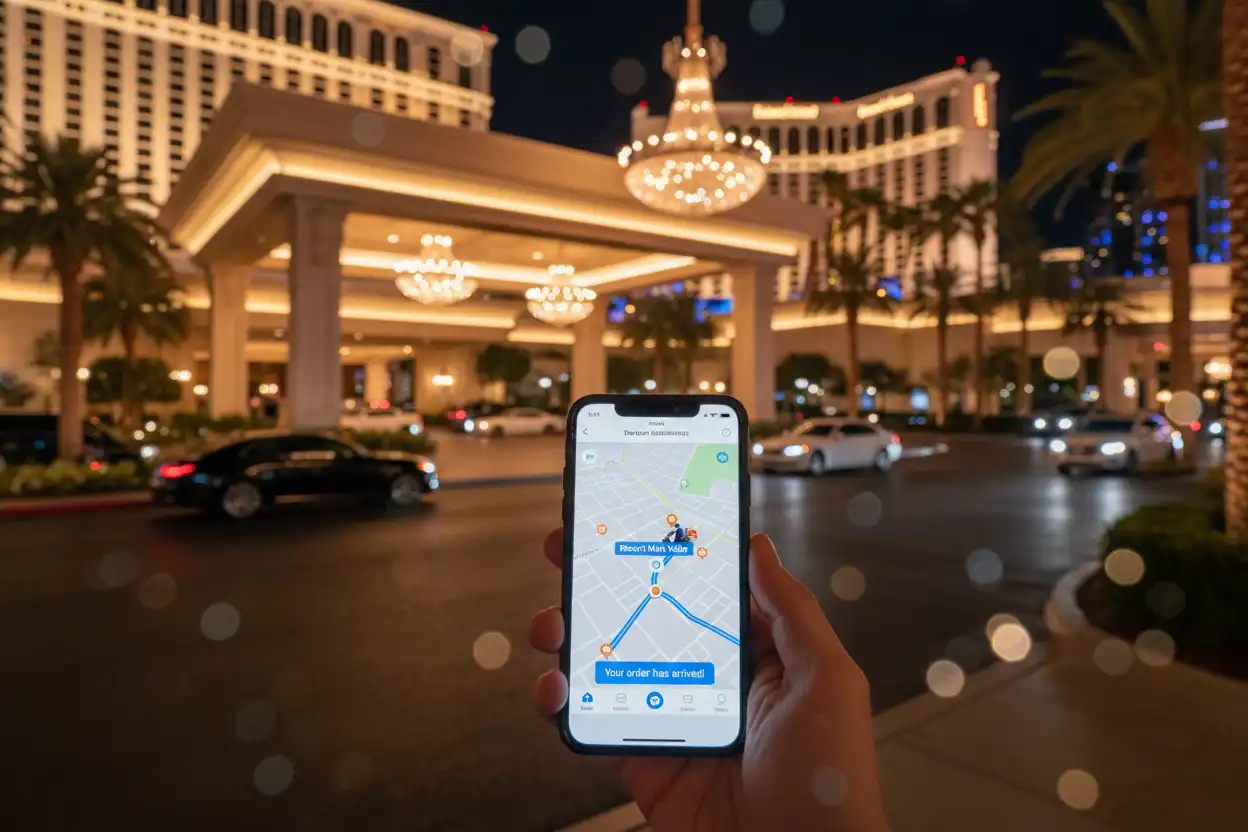 Smartphone delivery app interface tracking cookie courier arrival at a Las Vegas resort valet