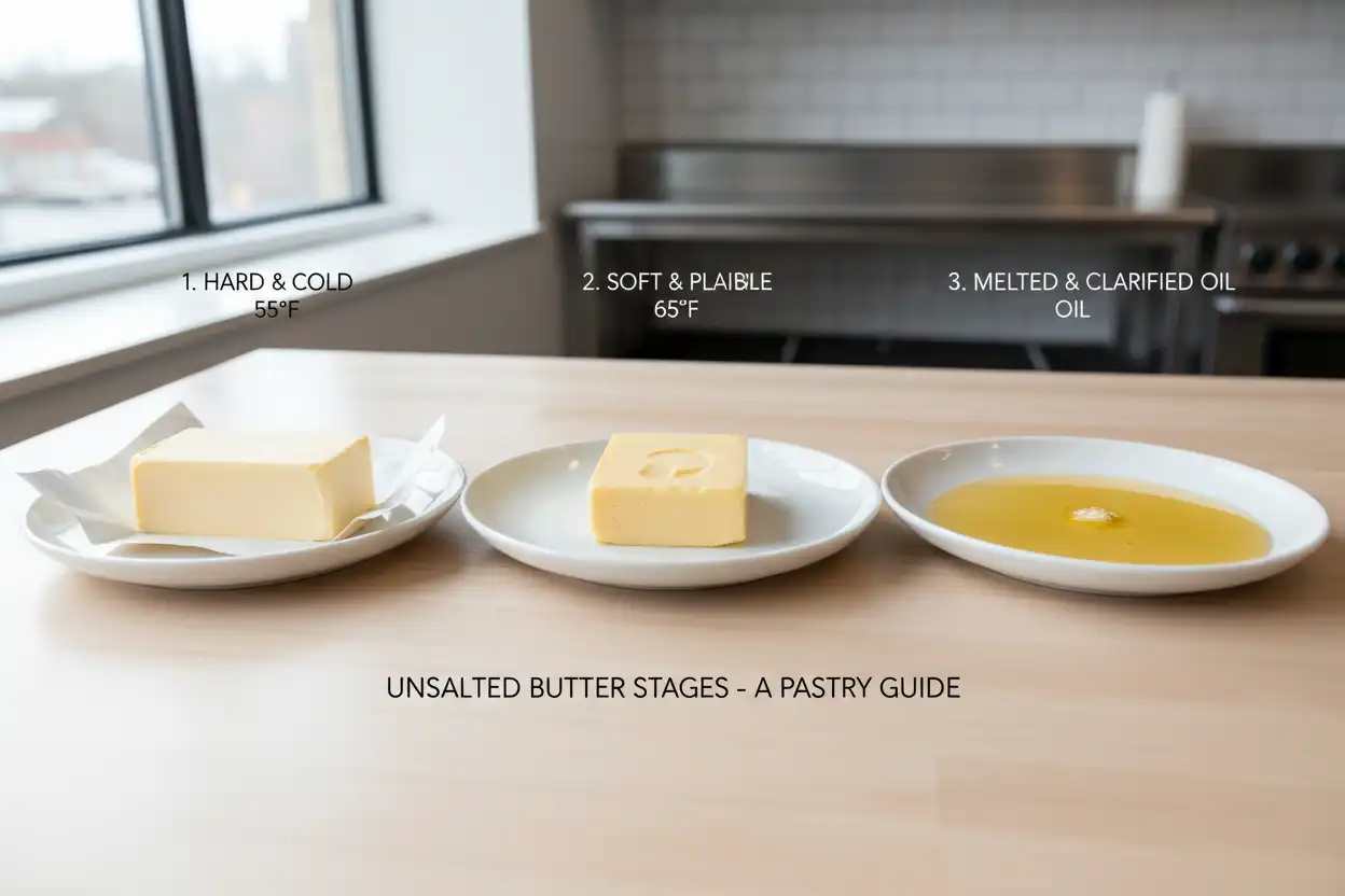 Thermal chart showing butter states from cold (55°F) to room temperature (65°F) to melted