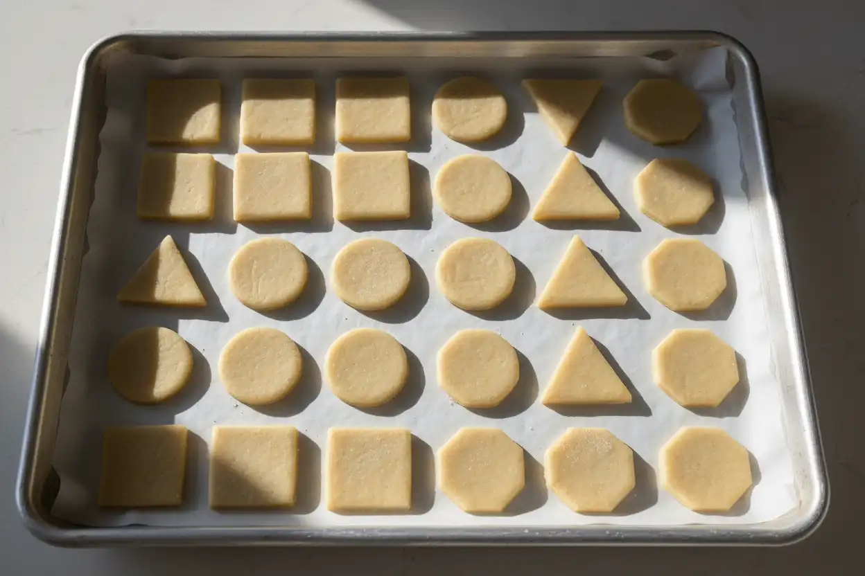 Transferring cut chilled dough shapes to an ungreased, parchment-lined aluminum baking sheet