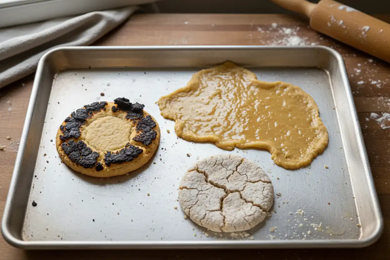 Tray of cookies showing common failures uneven spread, oily bottoms, and overly browned blistered edges