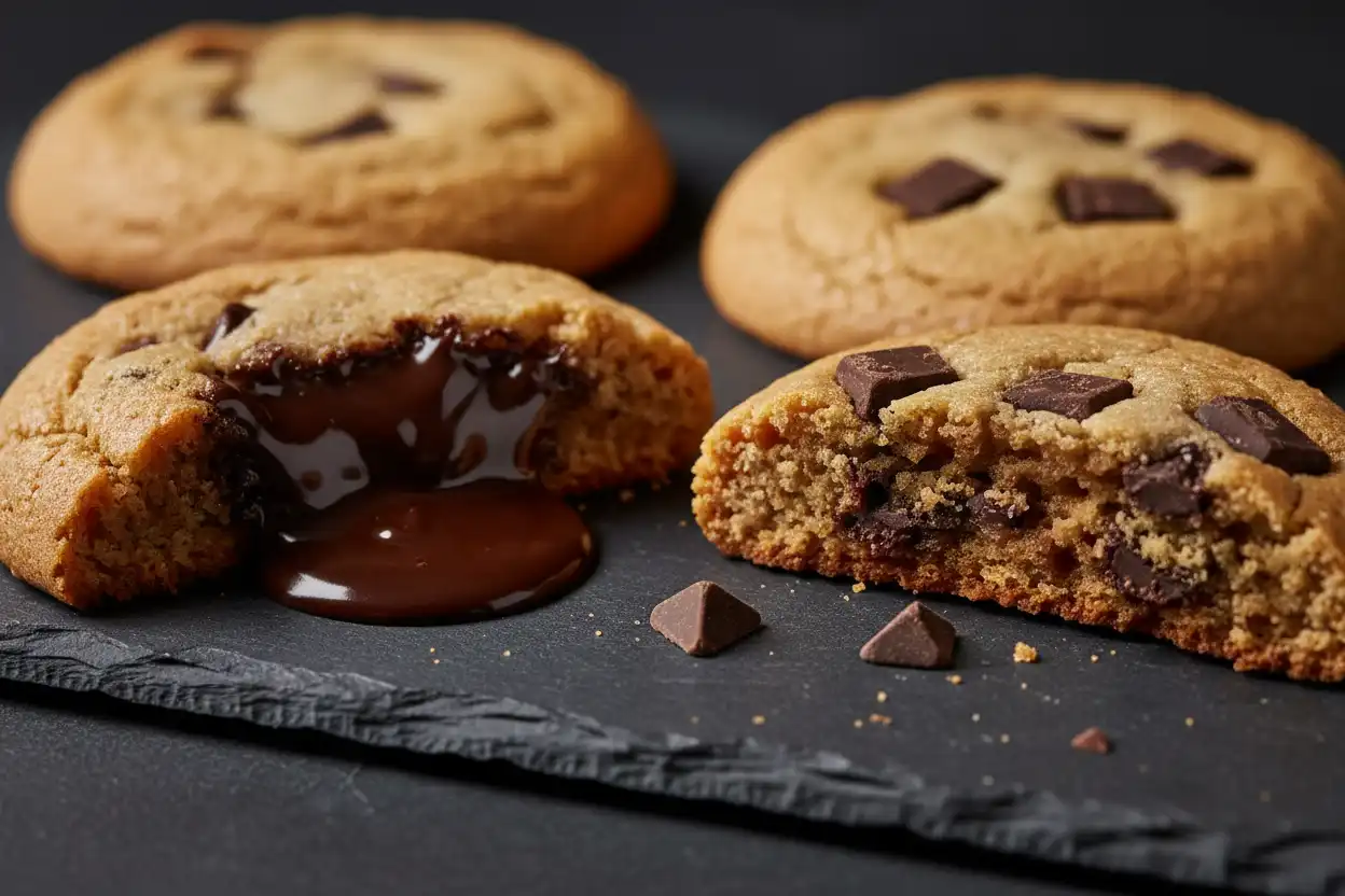 Visual comparison of couverture melt-pools versus bake-stable inclusions in cross-sectioned cookies