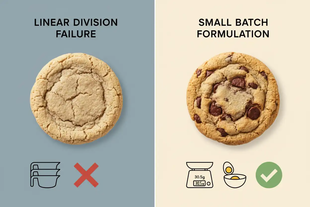 Visual diagram comparing linear recipe division failures versus chemically balanced small batch formulation