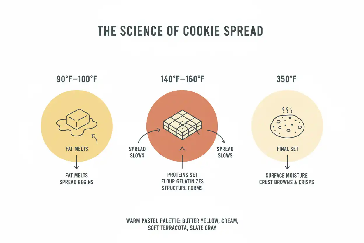 Visual diagram explaining the stages of cookie spread vs. solidifying structure at specific oven temperatures