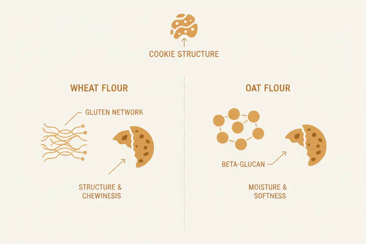 Visual diagram illustrating how all-purpose flour builds gluten while oats absorb moisture and soften texture